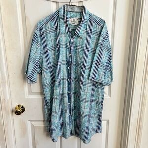 Bugatchi | Men's Blue Plaid Short Sleeve Shirt | Size XXL